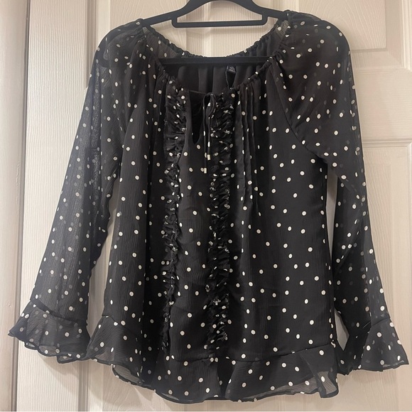 Tommy Hilfiger Sheer Black Blouse w/White Polka Dots, Size XS - Picture 2 of 9